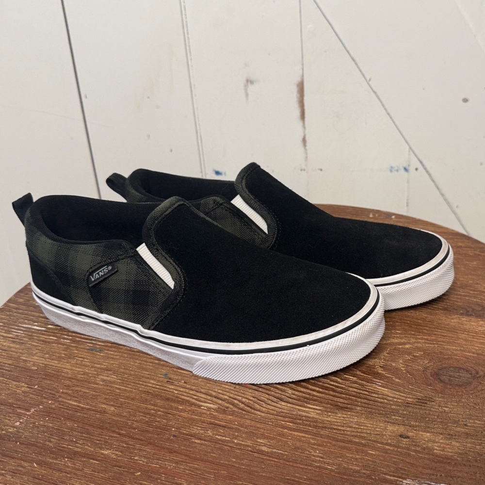 Vans Black and Dark Green Plaid with black Suede Topped Slip-Ons